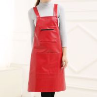 韩版厨房做饭防水防油背心式围裙PU皮围腰成人罩衣长款男女工作服 红色