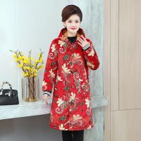 冬季成人加厚罩衣加绒夹棉保暖罩衣中长款工作服男女围裙加绒棉服 加长款[红色花开富贵] XL(建议90斤-120斤)