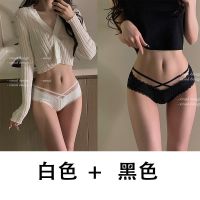 自留款性感舒适纯棉镂空三角裤交叉蕾丝边低腰绑带内裤女 白色+黑色 均码 85-125斤
