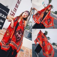 丝巾女夏季新款防晒纱巾棉麻超大披肩民族风海边度假围巾沙滩纱巾 红色几何菱形[新款]