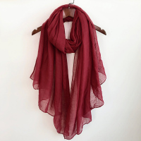 民族风纯色棉麻围巾女亚麻披肩文艺春秋韩版百搭薄款丝巾长款冬季 酒红色