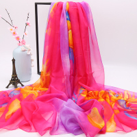 丝巾女百搭春秋冬季薄款围巾秋款洋气时尚超大长款印花色纱巾披肩 太阳花玫红