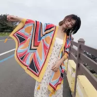 纱巾夏季茶卡盐湖百搭丝巾女防晒海边沙滩巾超大围巾披肩两用外搭 彩色棱形 黄色