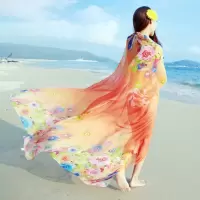 丝巾女春长款印花百搭空调披肩夏季海边防晒沙滩巾韩版雪纺围巾 羽毛款-桔黄色
