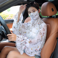 防晒披肩女夏季薄开车骑车长袖大码斗篷防紫外线披肩面纱两件套装 口罩披肩-白色花枝