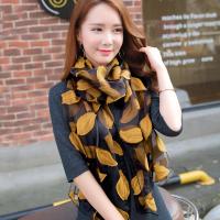 丝巾女长款2020新款纱巾围巾春秋季薄妈妈款中年韩版百搭披肩两用 叶子-黑底姜黄