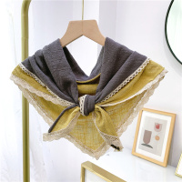 韩版花边蕾丝三角巾丝巾棉麻围巾女春秋季外搭披肩防晒护颈椎领巾 蕾丝边双色拼姜黄灰