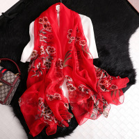 春秋款丝巾女百搭围巾薄纱巾秋季披肩外搭洋气时尚冬季超大妈妈 枝叶大红