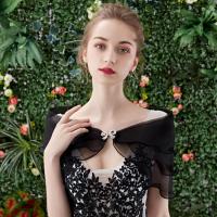 新娘纱披肩蕾丝婚纱遮手臂森系结婚礼服网红钻扣薄款一字肩宴会女 黑色