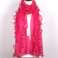 新款韩版纯色荷叶边围巾女长款百搭弹力纱巾丝巾广场舞多功能披肩 玫红色