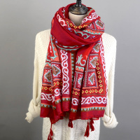 丝巾女夏季薄款围巾披肩长款防晒青海茶卡盐湖纱巾超大海边沙滩巾 炫彩民族风红色