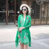 新品秋冬百搭韩版雪纺绣花丝巾长款玫瑰花朵刺绣围巾空调披肩纱巾 绿色