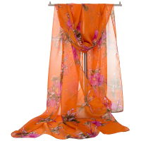 韩版丝巾围巾女冬季春秋印花纱巾长款雪纺保暖两用披肩防晒沙滩巾 明黄色 雪-03[橘色]