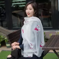 春季新款亚麻百搭时尚民族风防晒围巾女日系学生刺绣棉麻丝巾披肩 刺绣7-白色