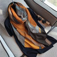 韩版新款棉麻手感围巾女冬季保暖纱巾丝巾拼色链条沙滩巾春秋披肩 橘色