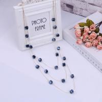 欧美复古多层珍珠项链女日韩时尚长款毛衣链春夏百搭配饰品女挂件 深蓝色 方块水晶3层