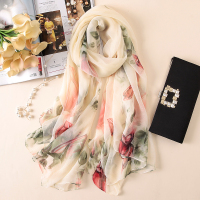 纱巾女百搭超大丝巾春秋夏季披肩两用中老年人妈妈送礼2021薄围巾 优雅玫瑰-米