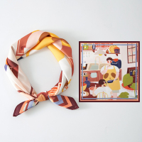 春秋款手绘插画小丝巾女百搭洋气时尚小方巾可爱小领巾发带围巾 烹饪美食