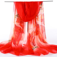 杭州仿丝绸巾女薄款纱巾围巾春秋冬季中年妈妈款百搭秋款时尚洋气 百合花-红色