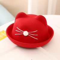 韩版儿童帽子女宝宝盆帽公主帽男童羊毛呢礼帽渔夫帽婴儿帽春秋潮 猫咪款毛呢帽-红色 小童款1-3岁（48-50cm) 均码