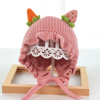 婴儿帽子春秋季宝宝包头帽可爱超萌男女童保暖新生婴幼儿护耳胎帽 草莓萝卜毛线帽 粉色 2-12个月 42-47cm
