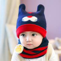 婴儿帽子秋冬季婴幼儿宝宝儿童新生儿男童毛线帽冬天可爱超萌春秋 【小老虎-藏青】 帽子+围脖. 【不加绒-小码】：弹力帽围