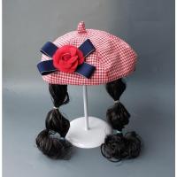 儿童贝雷帽秋冬天棉布124岁女宝宝帽子小孩文艺英伦画家假发辫帽 格子贝雷红帽红花长发 1-4岁(头围46-52cm) 均