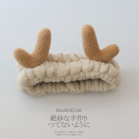 网红2020年新款可爱牛角发带洗脸化妆头套敷面膜束发带洗漱头巾女 卡其色小鹿角发带