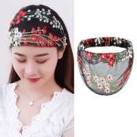 网红遮白发宽边发网刺绣头巾薄蕾丝透气压发捆发箍头饰包头发带女 黑色