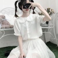 娃娃领白衬衫女短袖2020夏季日系软妹洛丽塔内搭JK衬衣泡泡袖上衣 娃娃领-短袖白色(微透) S 75斤-95斤