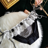 甜不过我 洛丽塔内裤女蕾丝少女日系软妹冰丝内裤女格子两侧绑带 黑色 M