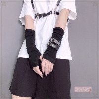 原宿暗黑洛丽塔lo朋克机能忍者露指半指手套百搭萝莉jk袖套手袖女 黑色手袖 一双装