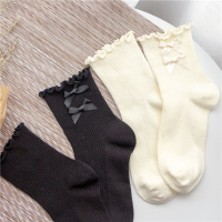 日系软妹萝莉袜子女可爱洛丽塔lolita蝴蝶结纯棉中筒短袜花边薄款 米色+黑色 均码