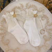 新品魔法金星绸缎蝴蝶结木耳全棉袜洛丽塔少女软妹堆堆袜女 白色款 均码