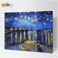 diy数字油画风景名画莫奈梵高星空下的罗纳河手工油彩画 G323星空下的罗纳河 60*75带内框2.5cm厚(彩板)