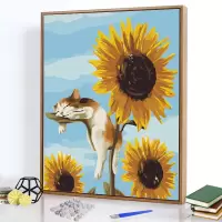 diy数字油画客厅卧室植物动物填色手绘油彩装饰画猫咪向日葵 066-猫咪向日葵 50*65带黑色成品外框+2套颜料+2套