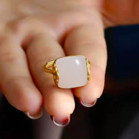 diy饰品配件田玉戒指女镀黄金复古宫廷中国风食指古典如意云开口 白玉