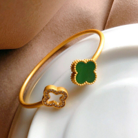 diy饰品配件古法银手镯镀925银鎏金四叶草碧玉白玉开口调节手环女 古法金绿玉