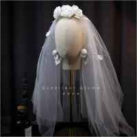 原创仙美手工山茶花苞发梳头纱新娘婚纱配饰写真摄影跟妆造型头饰 山茶花发梳头纱+花苞耳夹