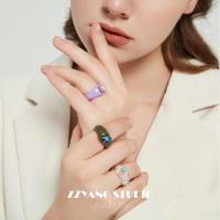 韩国ins小众设计感YLYL新款手工彩色镶嵌宝石亚克力 透明树脂戒指 墨绿