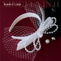 日韩新娘绸缎蝴蝶结发箍珍珠网纱头饰手工发饰白婚纱结婚造型拍照 发箍+耳针