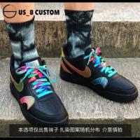 适配空军一号AF1天蓝篮球之星北卡蓝牛仔色丹宁AJ1天空扎染鞋带扁 黑灰扎染高帮袜 均码35-44