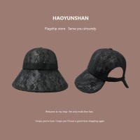 日系夏季可扎马尾花朵蕾丝渔夫帽女镂空透气遮脸防晒盆帽太阳帽子 黑色 M(56-58cm)