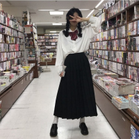 日系少女JK加绒长袖衬衫女秋冬学院风宽松设计感蝴蝶结白色衬衣潮 黑长裙 S (建议80斤内)