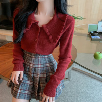 裙子2021新款秋季高腰jk格裙半身裙女显瘦学生小个子百褶A字短裙 酒红色开衫 均码