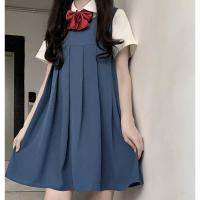 2020JK订制 新款国中学生套装夏衬衫+背心裙无袖吊带日系连衣裙女 蓝色背心裙[单件] 送酒红蝴蝶结 S (建议70斤