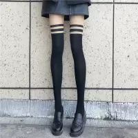 黑丝袜女薄款春秋连裤袜日系JK可爱假长筒袜子过膝黑色ins潮夏季 黑杠 均码