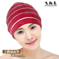 全棉睡帽纯棉夏季保暖薄男女睡觉空调厚化疗包头套头巾光头月子帽 天鹅绒棉套头帽-红条绒 冬天冬季防风厚款 S小码(头围48