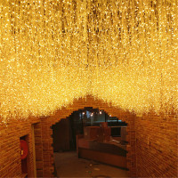 led彩灯闪灯串灯满天星户外冰条灯瀑布灯窗帘灯星星灯网红装饰灯 暖色 3米长*3米高[齐平款]