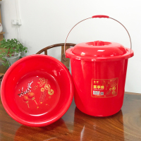 珠江塑料婚庆盆新居红色水桶脸盆陪嫁嫁妆盆红桶红盆喜盆结婚用品 538喜事桶盆套装(26升)带盖